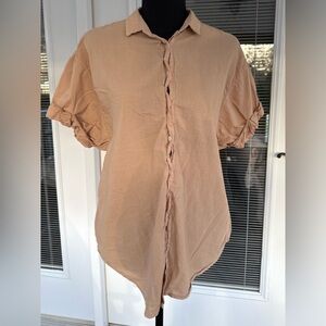 XIRENA Channing Shirt XS Parchment Beige Cotton Button Front Short Sleeve Top
